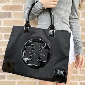Tory Burch Ella Large Tote Black Nylon Patent Leather